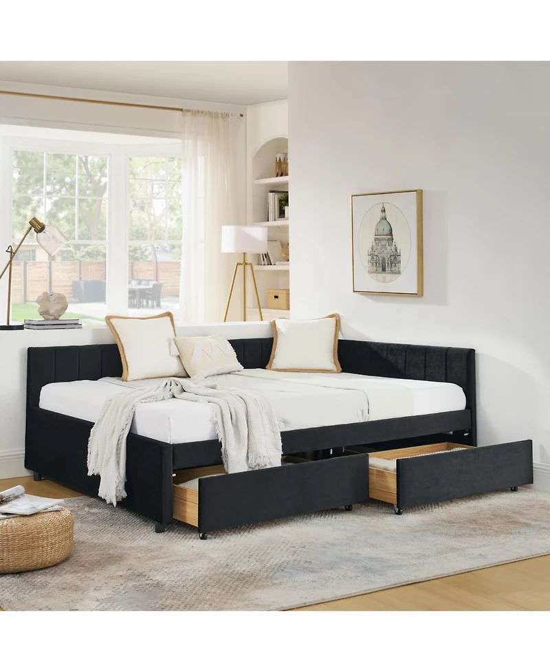 Streamdale Furniture Tufted Upholstered Bed Frame with Drawers Velvet Black