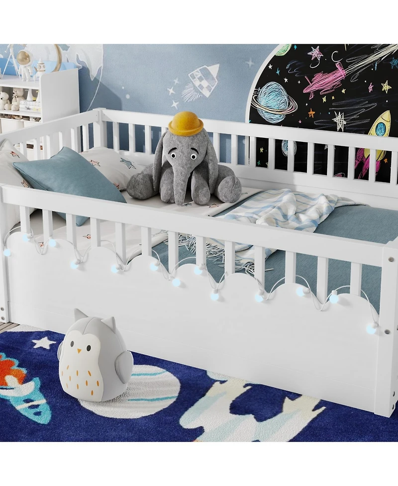 Streamdale Furniture Montessori Floor Bed Frame, High Rails, Light & Shelf, White