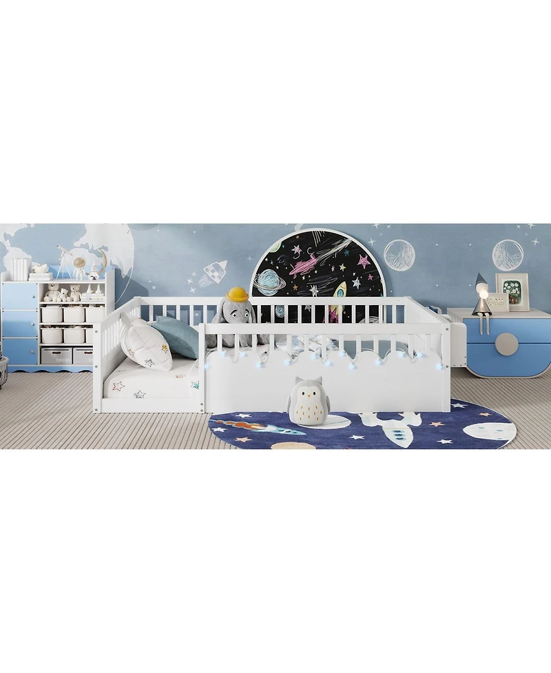 Streamdale Furniture Montessori Floor Bed Frame, High Rails, Light & Shelf, White