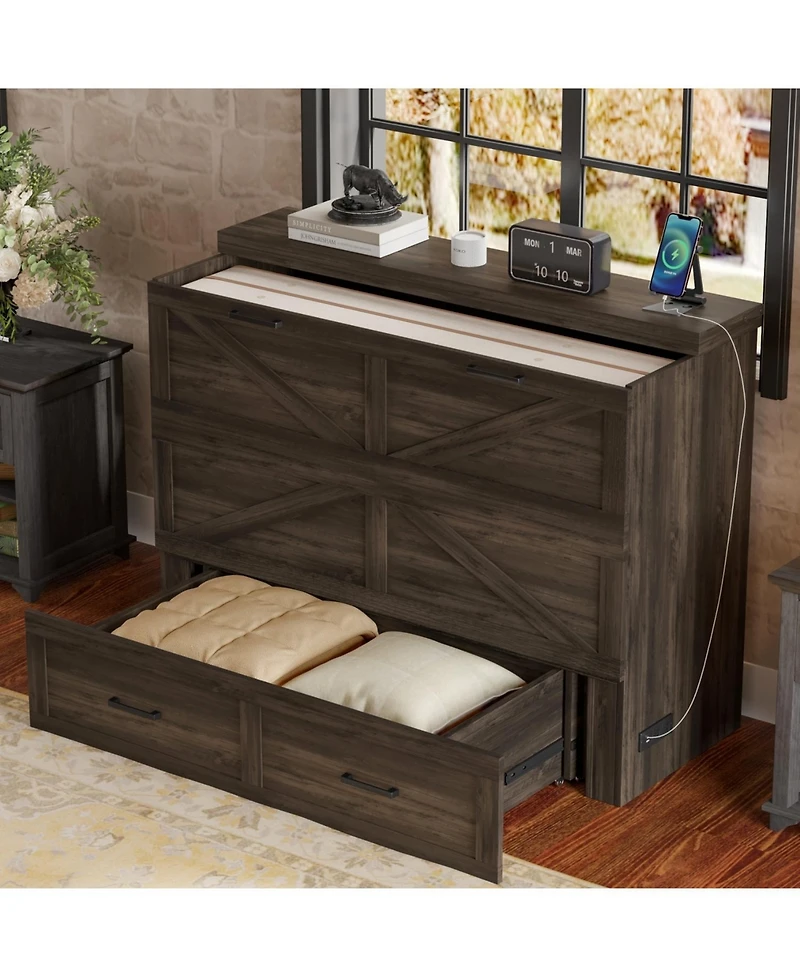 Streamdale Furniture Farmhouse Murphy Bed with Charging Station & Storage Drawer