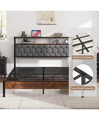 Streamdale Furniture Wooden Platform Bed Frame w/ Usb Ports & Storage - Brown