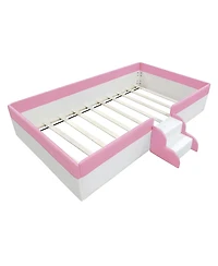 Streamdale Furniture Twin Size Upholstered Daybed Frame with Fence and Stairs, (Pink+White