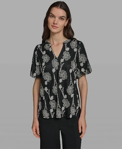 Karl Lagerfeld Paris Women's Popover Lace Short-Sleeve Top