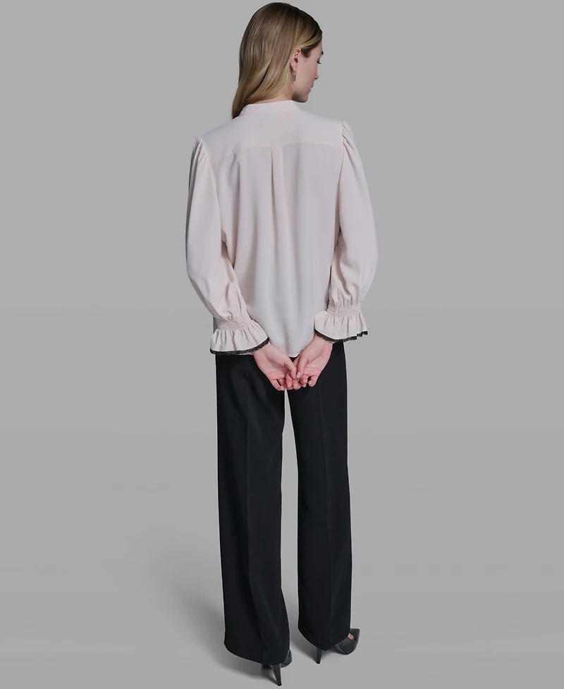 Karl Lagerfeld Paris Women's Ruffle Lace Trim Long-Sleeve Blouse