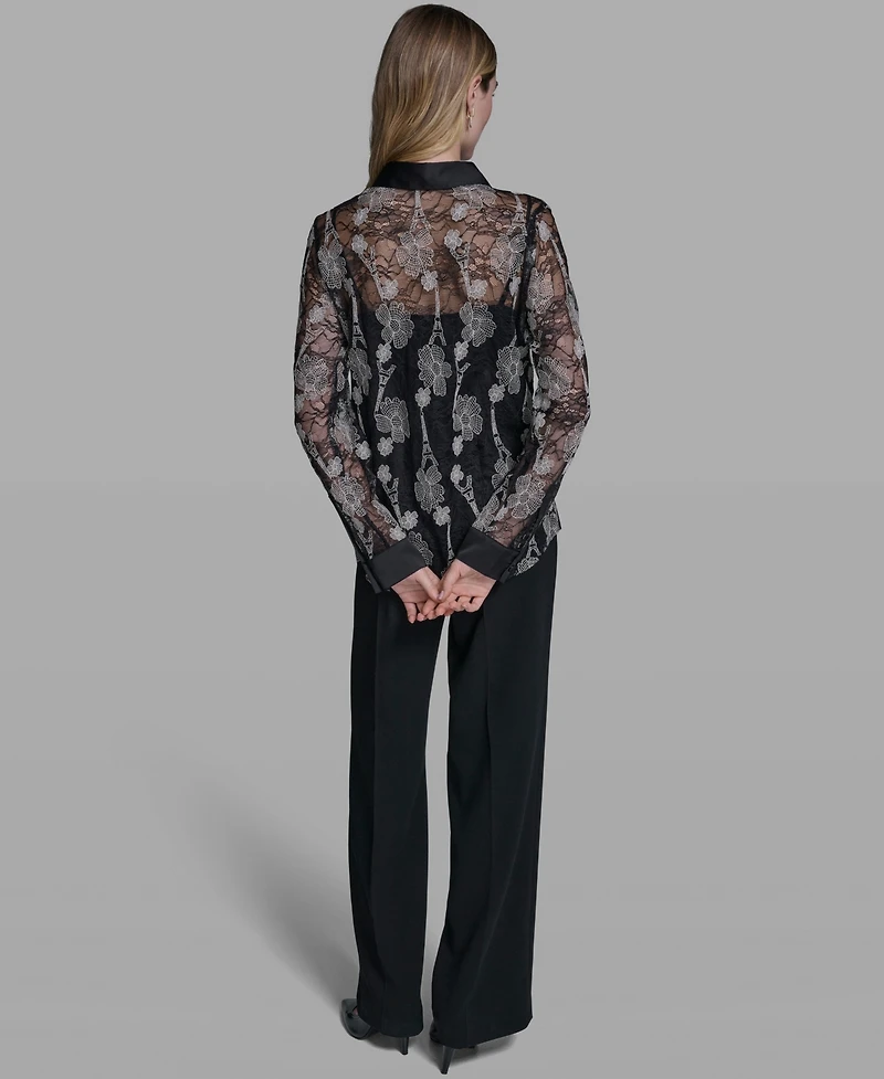 Karl Lagerfeld Paris Women's Lace Print Collared Top