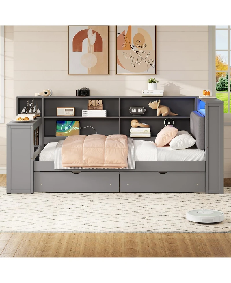 Streamdale Furniture Twin Platform Bed w/ Storage, Led, Desk, Charging, Upholstered Headboard