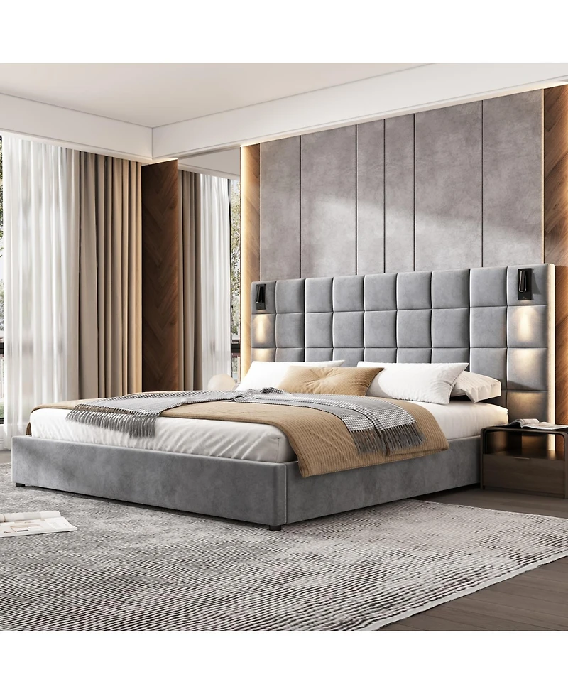 Streamdale Furniture California King Upholstered Bed Frame, Sconce, Usb, Velvet, Gray