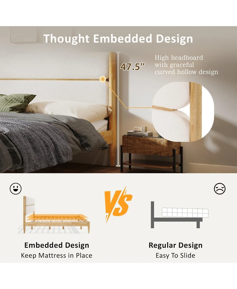 Streamdale Furniture King Size Solid Wood Bed Frame With Fleece Upholstered Headboard