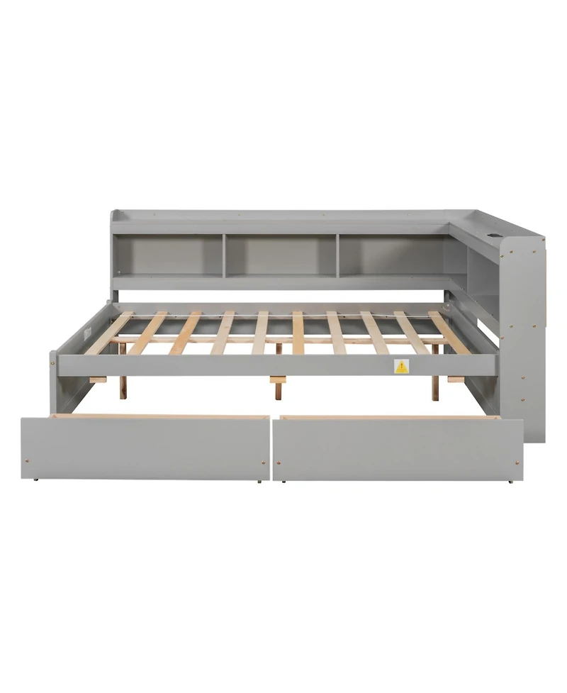Streamdale Furniture L-Shaped Bookcase Bed with Power Outlets, Usb & Drawers - Grey