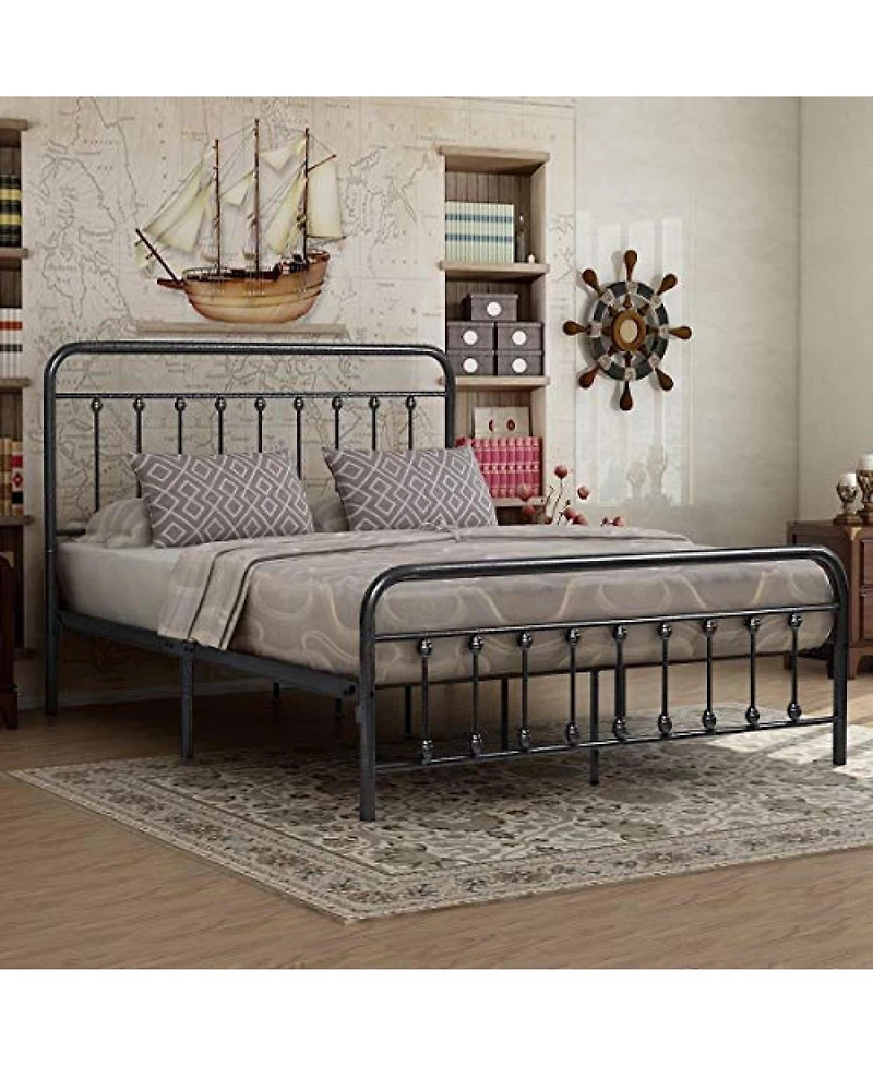 Streamdale Furniture Queen Metal Bed Frame with Vintage Headboard