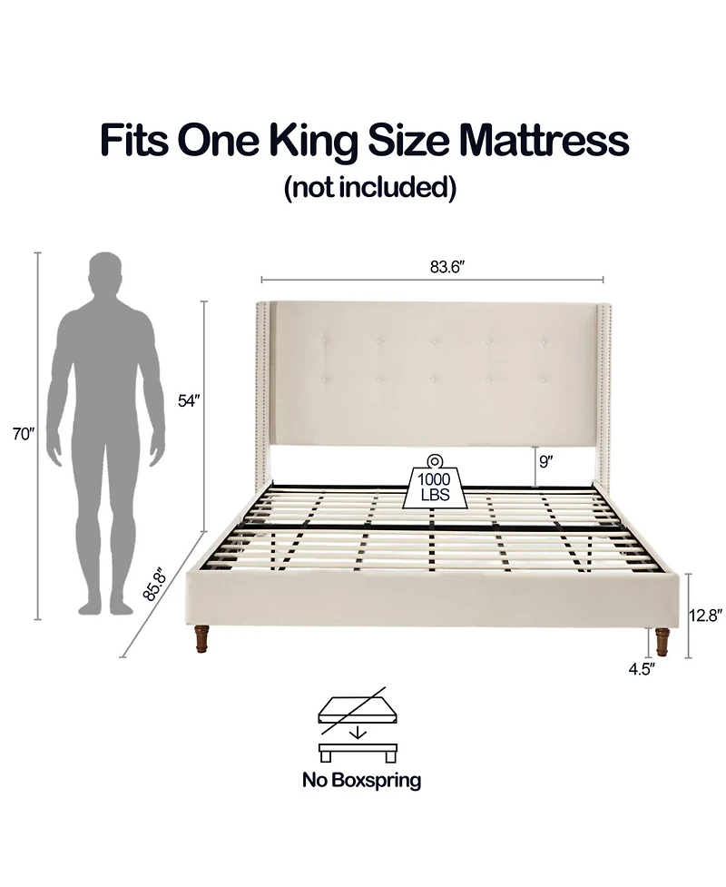 Streamdale Furniture Peyton King Bed Ivory Velvet Tufted Wingback