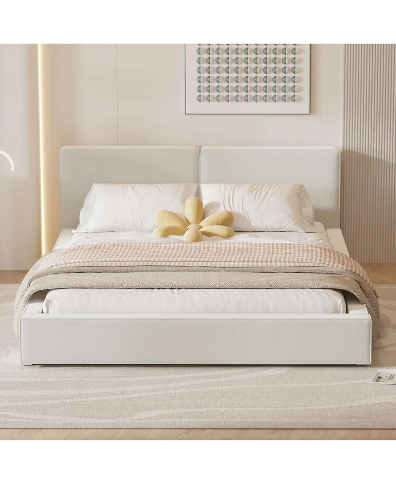 Simplie Fun Queen Upholstered Platform Bed with Velvet Fabric, Grounded Solid Frame, Gray