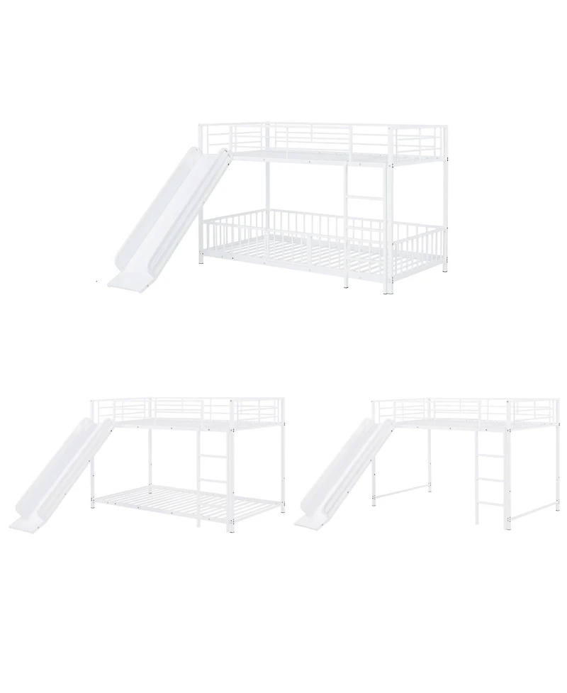 Simplie Fun Twin over Twin Size Metal Bunk Bed with Slide and Guardrails, Black