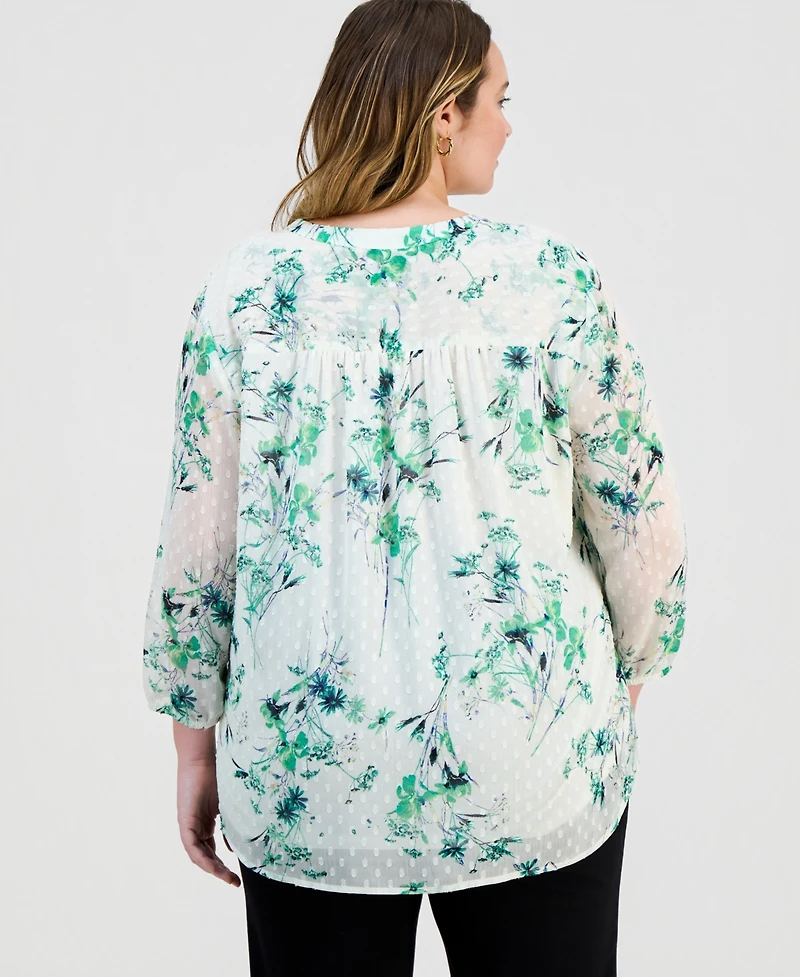 Jones New York Plus Printed Swiss Dot Blouson-Sleeve Blouse