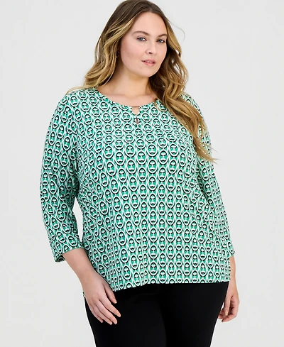 Jones New York Plus Printed 3/4-Sleeve Top