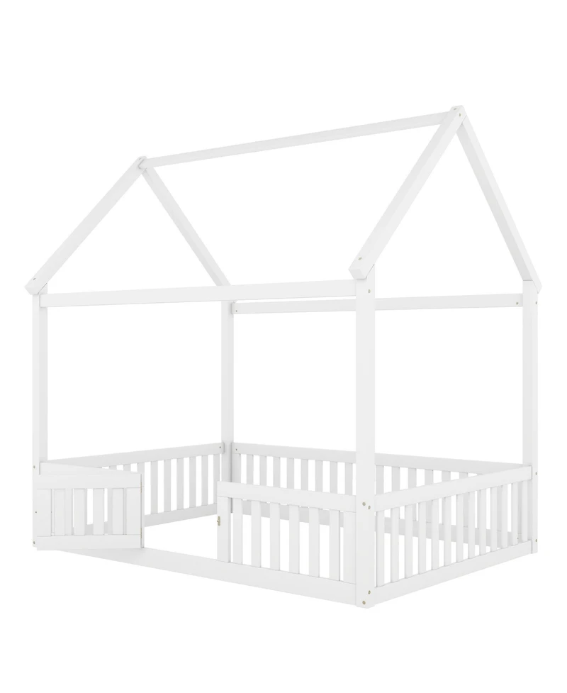 Streamdale Furniture Full Size Wood House Bed with Fence and Door