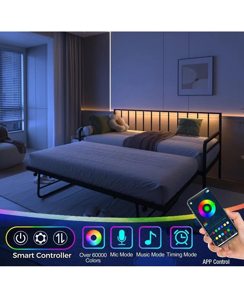 Streamdale Furniture Twin Daybed with Rgb Led Lights & Charging Station, Adjustable Frame & Trundle
