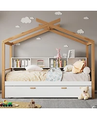 Streamdale Furniture Wooden House Bed with Trundle and Bookshelf