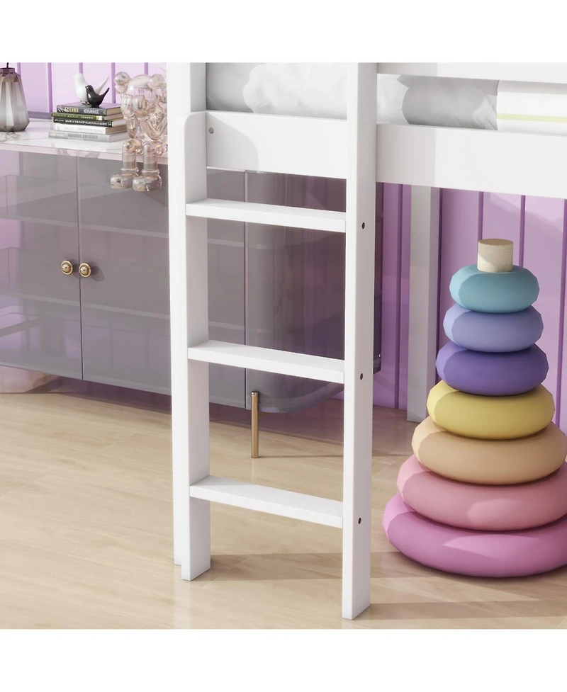 Streamdale Furniture Twin Low Loft Bed with Slide, Ladder, Safety Guardrails, Rubber Wood Twin Loft Bed,White