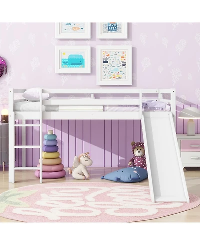 Streamdale Furniture Twin Low Loft Bed with Slide, Ladder, Safety Guardrails, Rubber Wood Twin Loft Bed,White