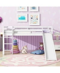 Streamdale Furniture Twin Low Loft Bed with Slide, Ladder, Safety Guardrails, Rubber Wood Twin Loft Bed,White