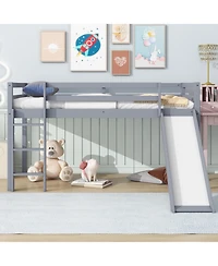 Streamdale Furniture Twin Low Loft Bed with Slide, Ladder, Safety Guardrails, Rubber Wood Twin Loft Bed