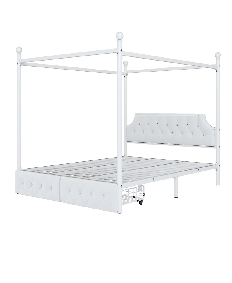 Streamdale Furniture Queen Size Metal Canopy Platform Bed with Upholstered Headboard and Two Storage Drawers
