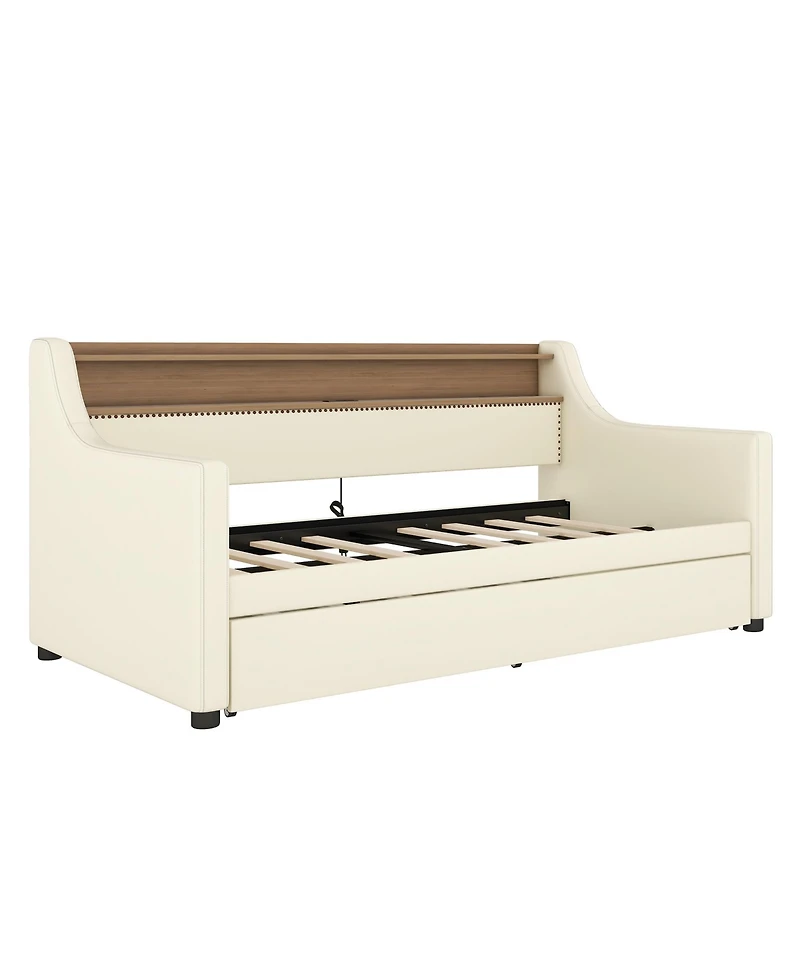 Streamdale Furniture Twin Size Daybed with Trundle, Upholstered Daybed with Charging Station and Led Lights