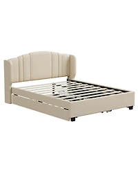 Streamdale Furniture + Queen Upholstered Wingback Headboard, Trundle, Drawers Platform Bed