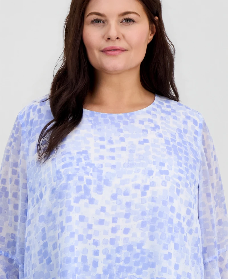 Kasper Plus Printed Ruffled-Sleeve Blouse