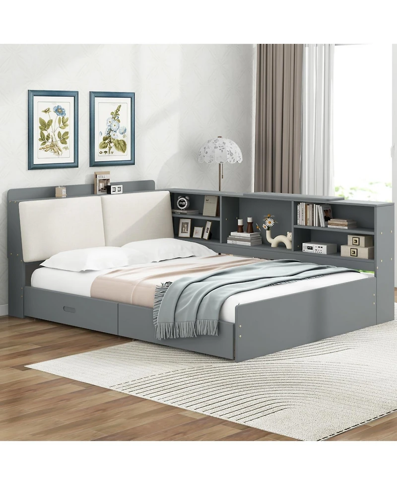 Wood Full Size platform bed with Storage Headboard, Shelves and 2 Drawers, White