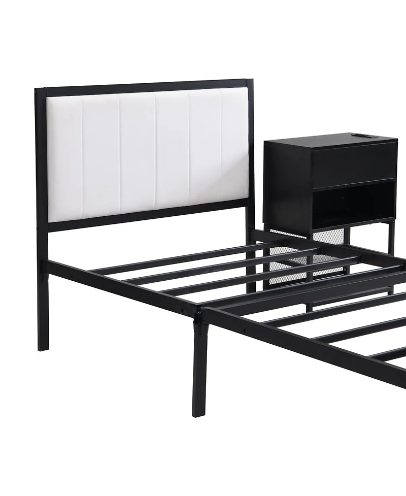 Streamdale Furniture Twin size Metal Platform Bed with Two-Tier Storage Shelves, Wooden Storage Cabinet