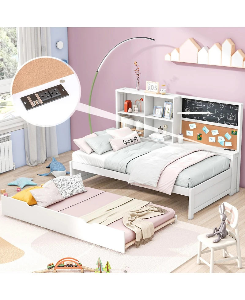 Streamdale Furniture Streamdale Twin Size Daybed with Storage Shelves, Blackboard, Cork board, Usb Ports and Twin Size Trundle