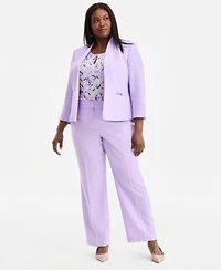 Kasper Plus Size 3 4 Sleeve Seamed Crepe Open Front Jacket Keyhole Neck Sleeveless Top Stretch Crepe Fly Front Trousers