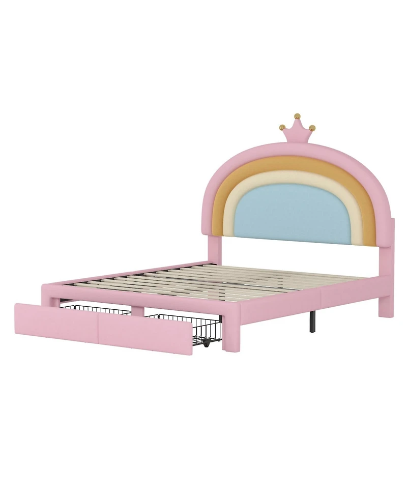 Streamdale Furniture Princess Bed with Storage Drawer, Velvet Rainbow Upholstered Platform Bed