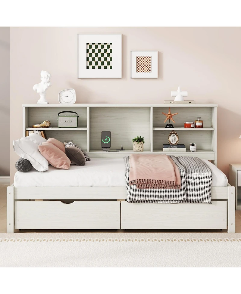 Streamdale Furniture Twin Size Bed Frame With Side Bookshelves, Two Drawers