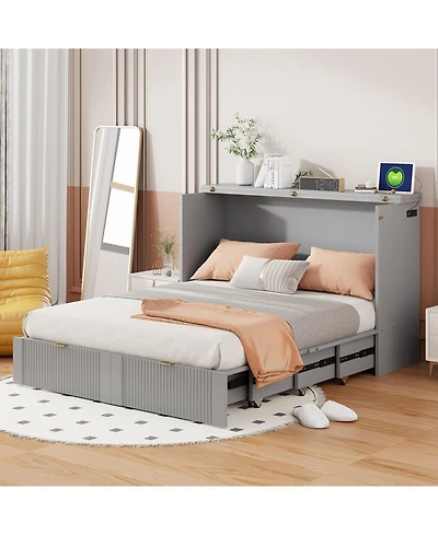 Streamdale Furniture Full Murphy Bed with drawer and a set of Sockets & Usb Ports, Pulley Structure Design, White