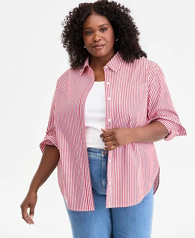 On 34th Trendy Plus Striped Cotton Button-Front Shirt, Macy's Exclusive