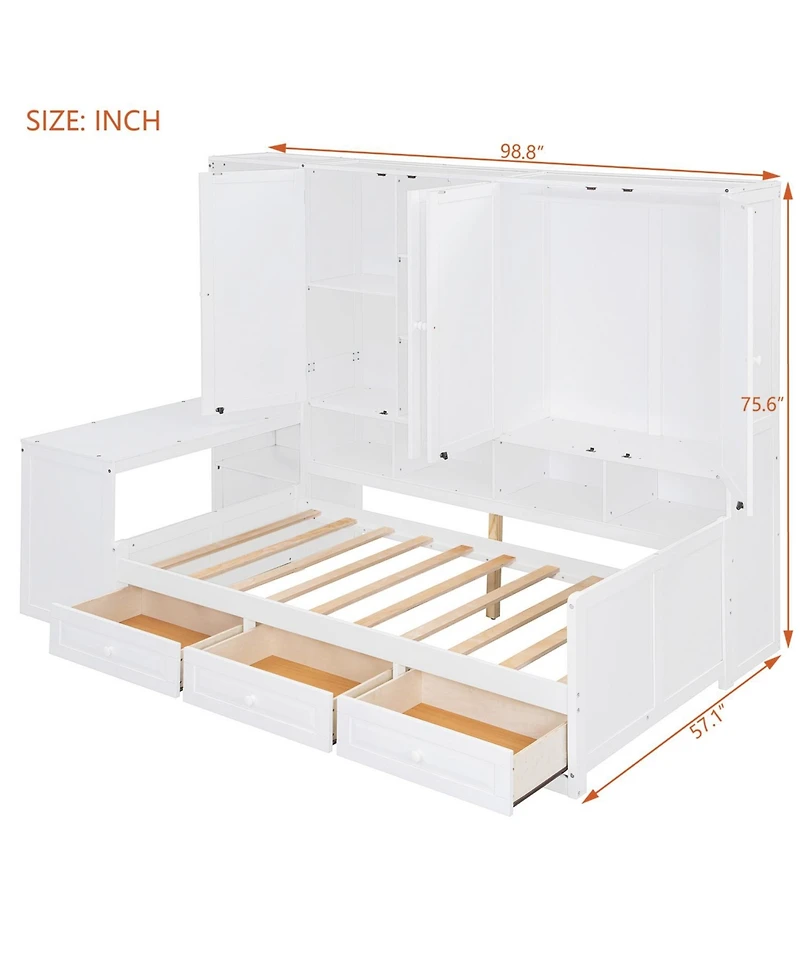 Streamdale Furniture Twin Wood Daybed with Drawers, Desk & Shelves