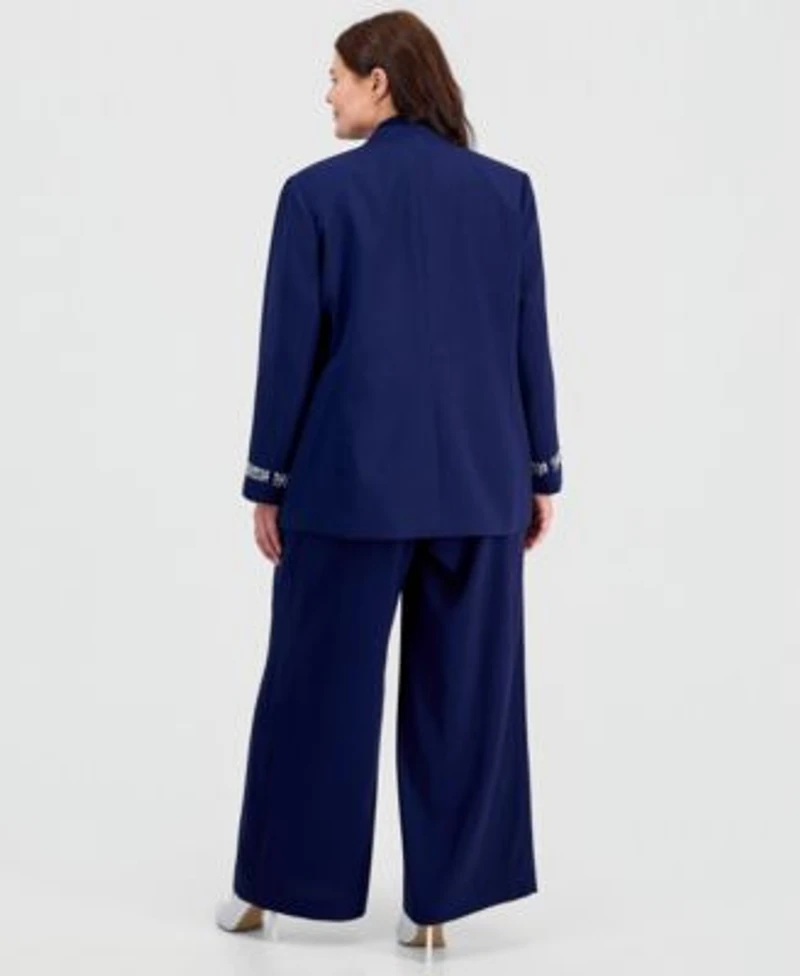 Kasper Plus Size Collarless Open Front Jacket High Rise Wide Leg Pull On Pants