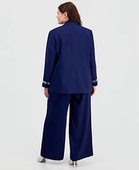 Kasper Plus Size Collarless Open Front Jacket High Rise Wide Leg Pull On Pants