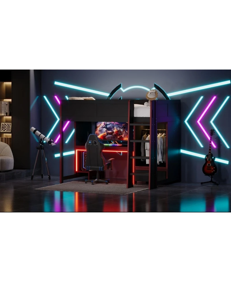 Streamdale Furniture Black Twin Gaming Loft Bed w/ Desk, Wardrobe & Led