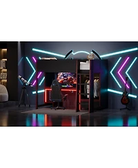 Streamdale Furniture Black Twin Gaming Loft Bed w/ Desk, Wardrobe & Led