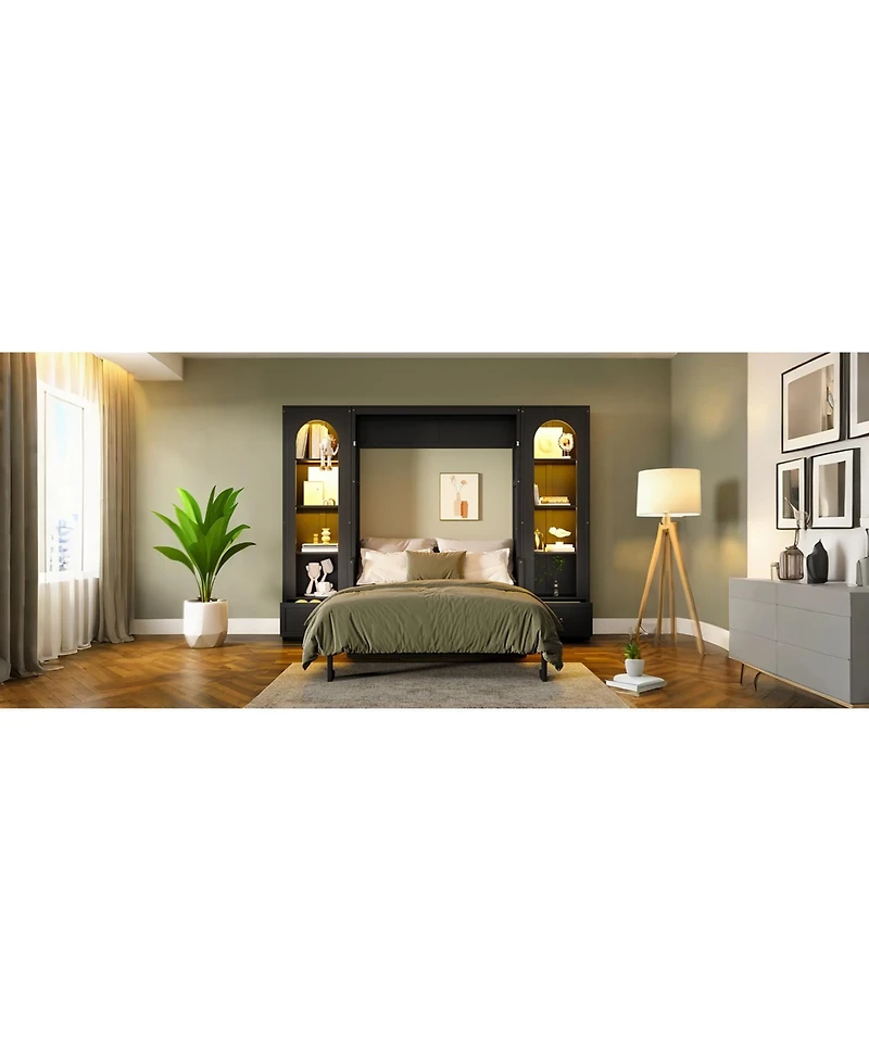 Streamdale Furniture Streamdale Queen Size Murphy Platform Bed with Shelf, Side Cabinets, Drawers and Led, Black