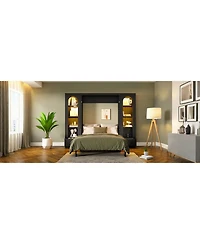 Streamdale Furniture Streamdale Queen Size Murphy Platform Bed with Shelf, Side Cabinets, Drawers and Led, Black