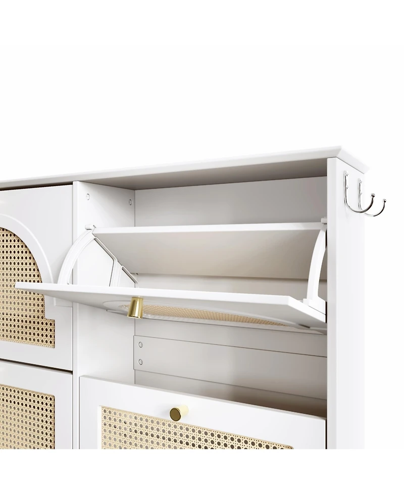 Streamdale Furniture Streamdale Mid-Century Narrow Shoe Cabinet - 4 Flip Drawers, Rattan Doors, Hooks
