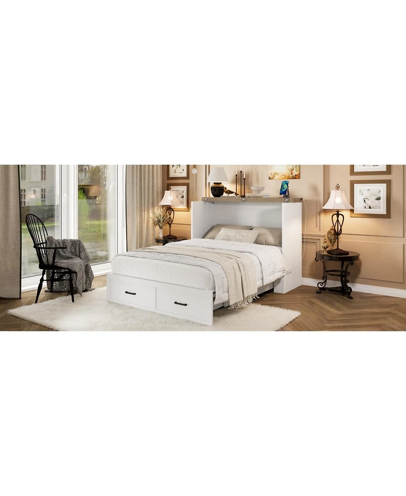 Streamdale Furniture Murphy Bed Cabinet Full Size with Charging Station & Drawer