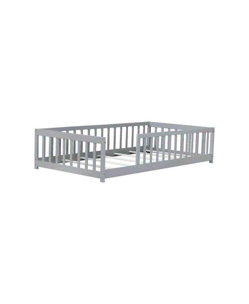 Streamdale Furniture Twin Floor Bed with Fence, Rubber Wood, Grey