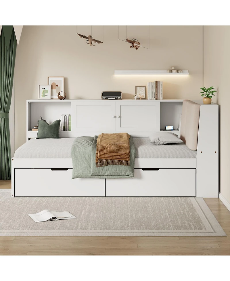 Streamdale Furniture Wooden Twin L-Shaped Daybed with Storage, Bookcase & Usb, White