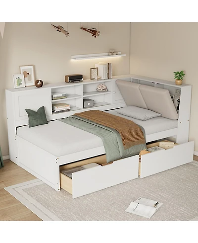 Streamdale Furniture Wooden Twin L-Shaped Daybed with Storage, Bookcase & Usb, White